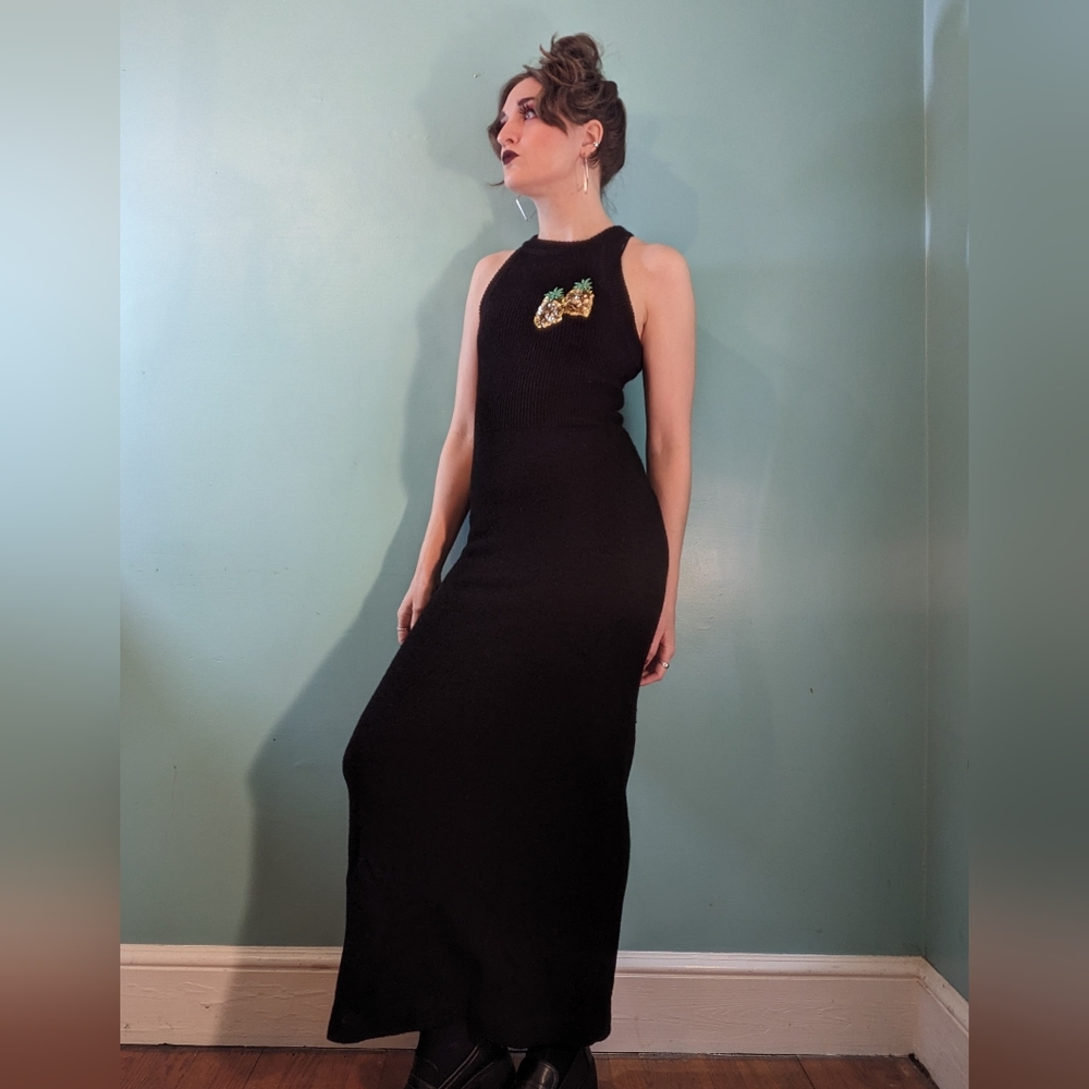 Vintage Bargello Brand Black Knit Sweater Maxi Dress with Sequin Pineapples sz S